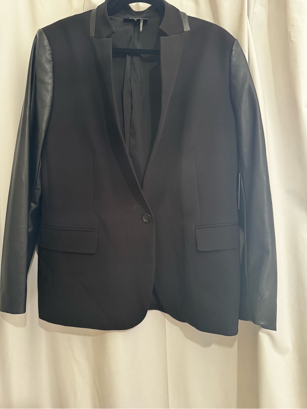 DKNY Black Mixed-Media Blazer with Faux Leather Sleeves
